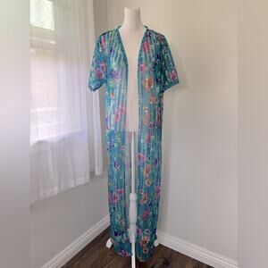 Vintage ‘80s Lady Cameo Dallas Teal Floral Print Sheer Maxi Duster Robe